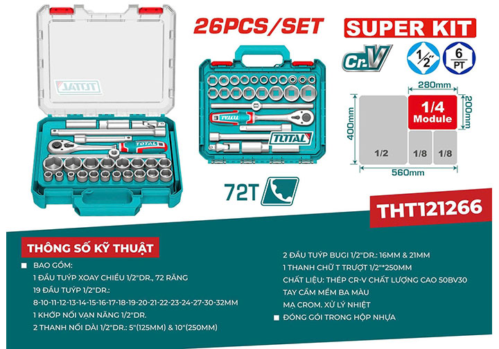 1/2" Bộ tuýp 8-32mm 26 chi tiết Total THT121266