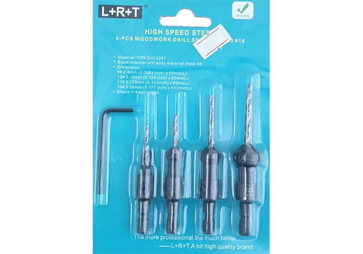 2.5-3.56mm Bộ mũi khoan gỗ đuôi lục giác 4 chi tiết 1/4" L+R+T