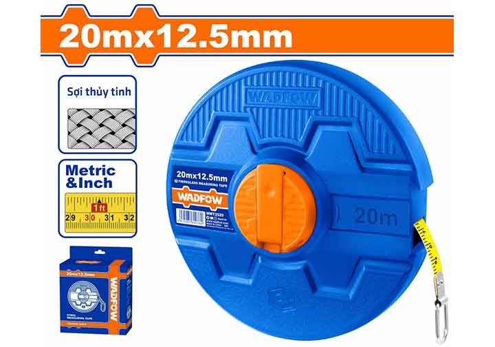 20mx12.5mm Thước cuộn sợi thủy tinh hệ inch và mét Wadfow WMT2520