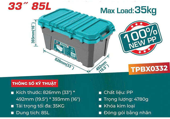 33" Thùng đựng đồ nghề Total TPBX0332 (dung tích 85L) 33" Thùng đựng đồ nghề Total TPBX0332 (dung tích 85L)