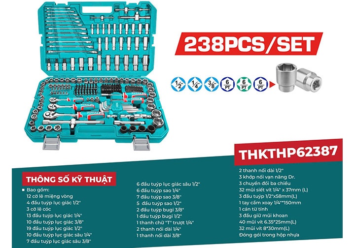 Bộ đồ nghề 238 chi tiết Total THKTHP62387