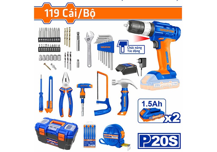 Bộ đồ nghề có máy khoan búa pin 20V 119 chi tiết Wadfow WDT1B119