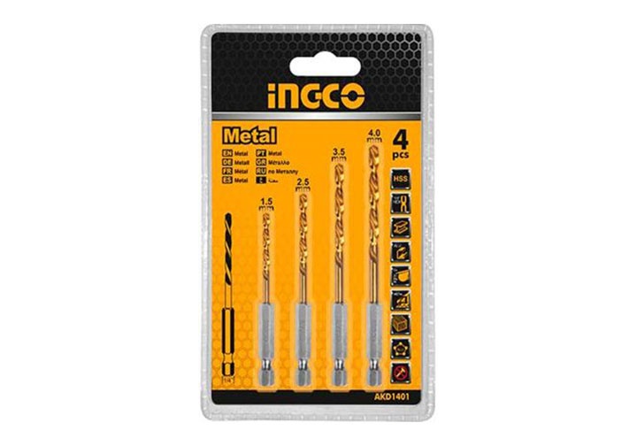 1.5-4mm Bộ 4 mũi khoan kim loại HSS INGCO AKD1401 1.5-4mm Bộ 4 mũi khoan kim loại HSS INGCO AKD1401