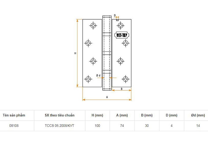 100x74x4mm Bản lề cửa đồng Việt Tiệp 08108 100x74x4mm Bản lề cửa đồng Việt Tiệp 08108