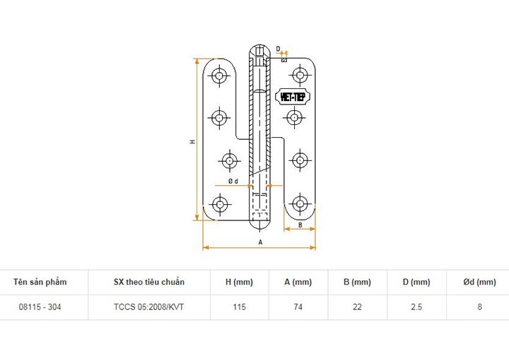 115x74x2.5mm Bản lề cửa inox 304 Việt Tiệp 08115-304 115x74x2.5mm Bản lề cửa inox 304 Việt Tiệp 08115-304