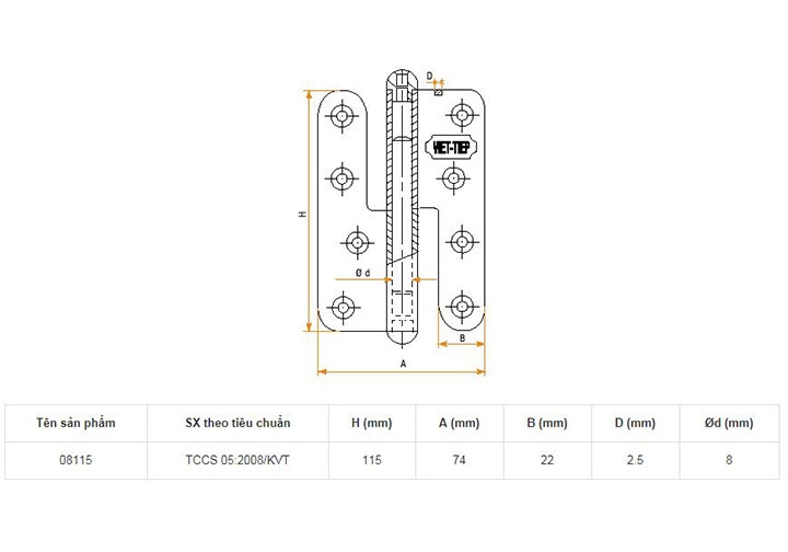 115x74x2.5mm Bản lề cửa Inox Việt Tiệp 08115 115x74x2.5mm Bản lề cửa Inox Việt Tiệp 08115