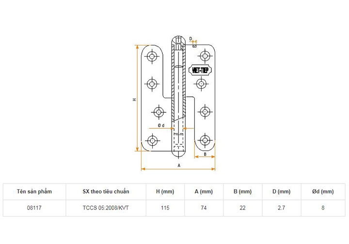 115x74x2.7mm Bản lề cửa hợp kim Việt Tiệp 08117 115x74x2.7mm Bản lề cửa hợp kim Việt Tiệp 08117