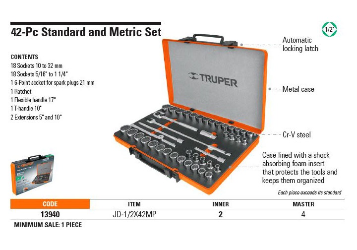 1/2" Bộ tuýp 42 chi tiết Truper 13940 (JD-1/2X42MP) 1/2" Bộ tuýp 42 chi tiết Truper 13940 (JD-1/2X42MP)