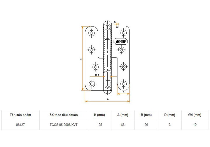 125x86x3mm Bản lề cửa hợp kim Việt Tiệp 08127 125x86x3mm Bản lề cửa hợp kim Việt Tiệp 08127