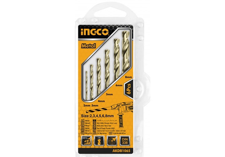 2-8mm Bộ 6 mũi khoan kim loại HSS INGCO AKDB1065 2-8mm Bộ 6 mũi khoan kim loại HSS INGCO AKDB1065