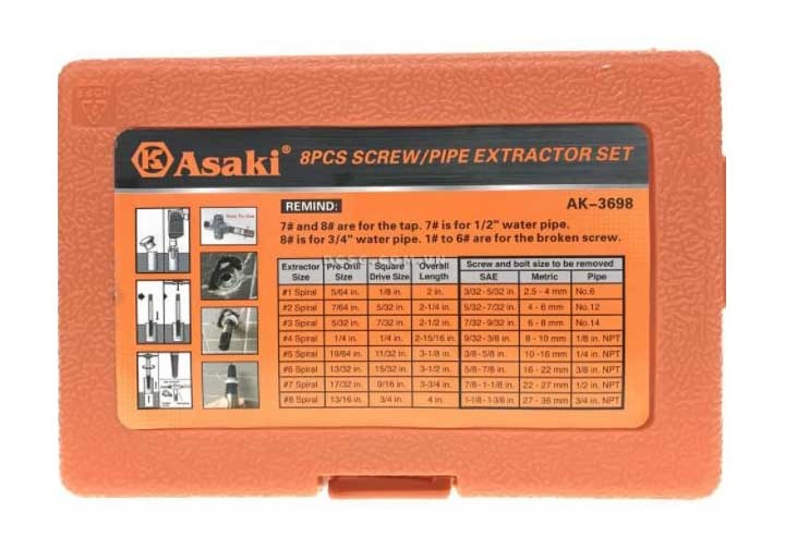 Bộ mũi ren lấy bu lông ốc vít và đầu ống nước gãy 8 chi tiết Asaki AK-3698 Bộ mũi ren lấy bu lông ốc vít và đầu ống nước gãy 8 chi tiết Asaki AK-3698